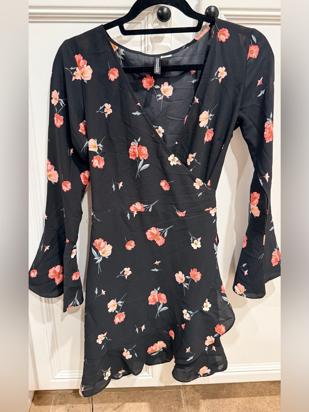 Divided Black Floral Wrap Dress with Pink & Cream Flowers